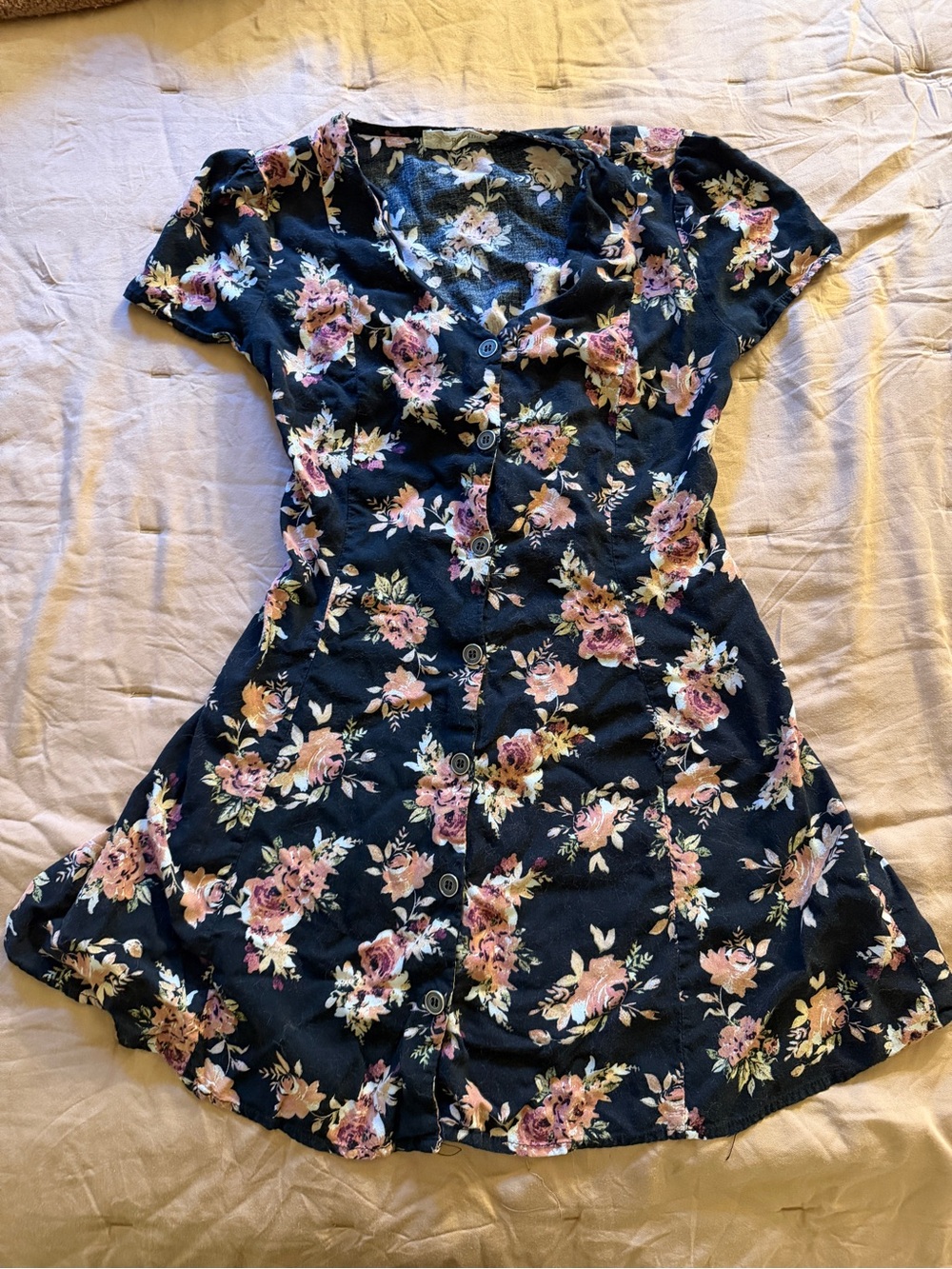 Floral Button-Front Women's Dress in Navy and Pink